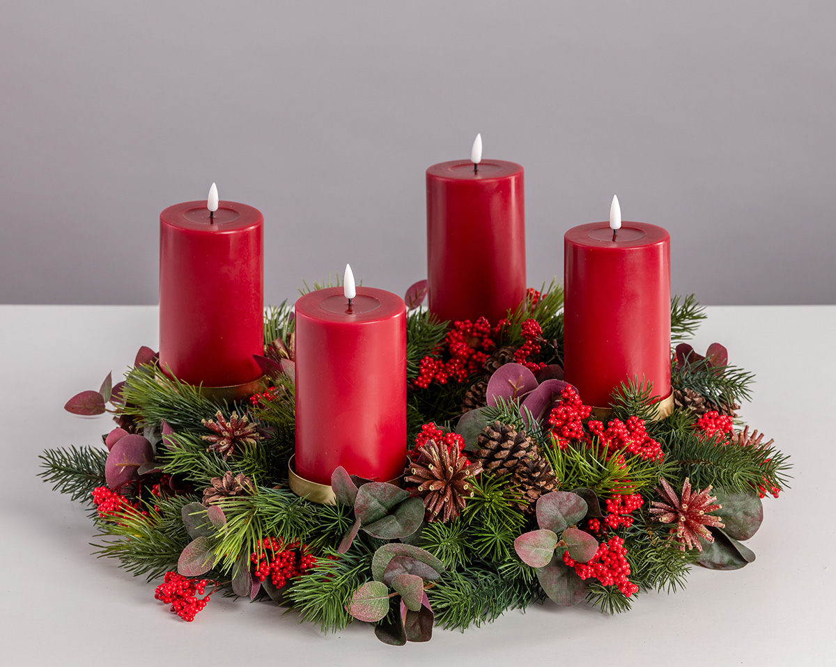 ADVENTSKRANZ ROT | Künstlicher Adventskranz 45 cm, rot 