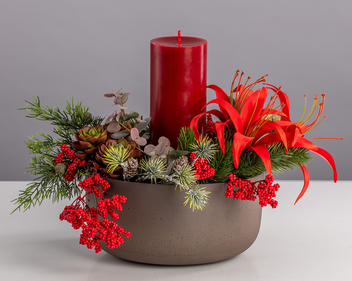HOME SWEET HOME | Adventsschale mit Kerzen und Kunstblumen, rot 