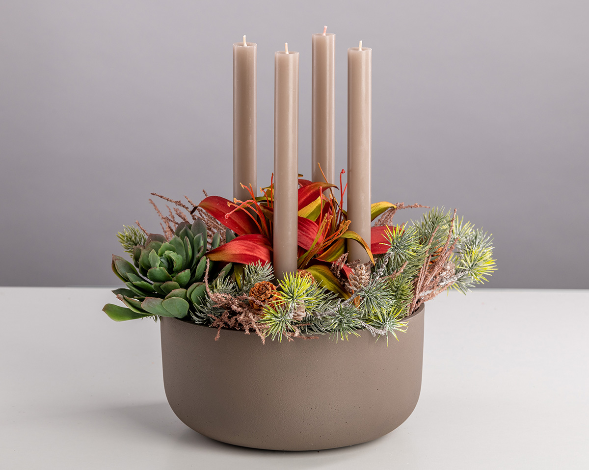 SOFT TOUCH | Adventsschale mit Kunstblumen, taupe 