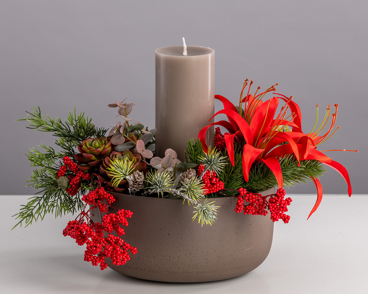 HOME SWEET HOME | Adventsschale mit Kerzen und Kunstblumen, taupe 