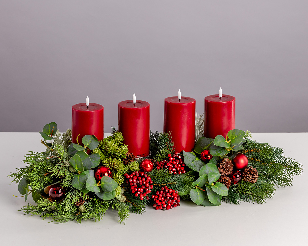 ADVENTSKRANZ LANG RED | Künstlicher Adventskranz, rot 